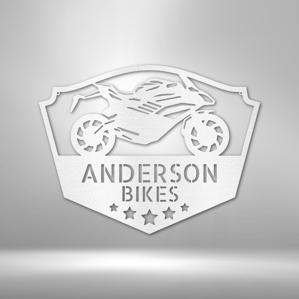 Metal wall art sign of a motorcycle to use as decor in a workshop, garage, bike shop or man cave. This picture show the design in the color white