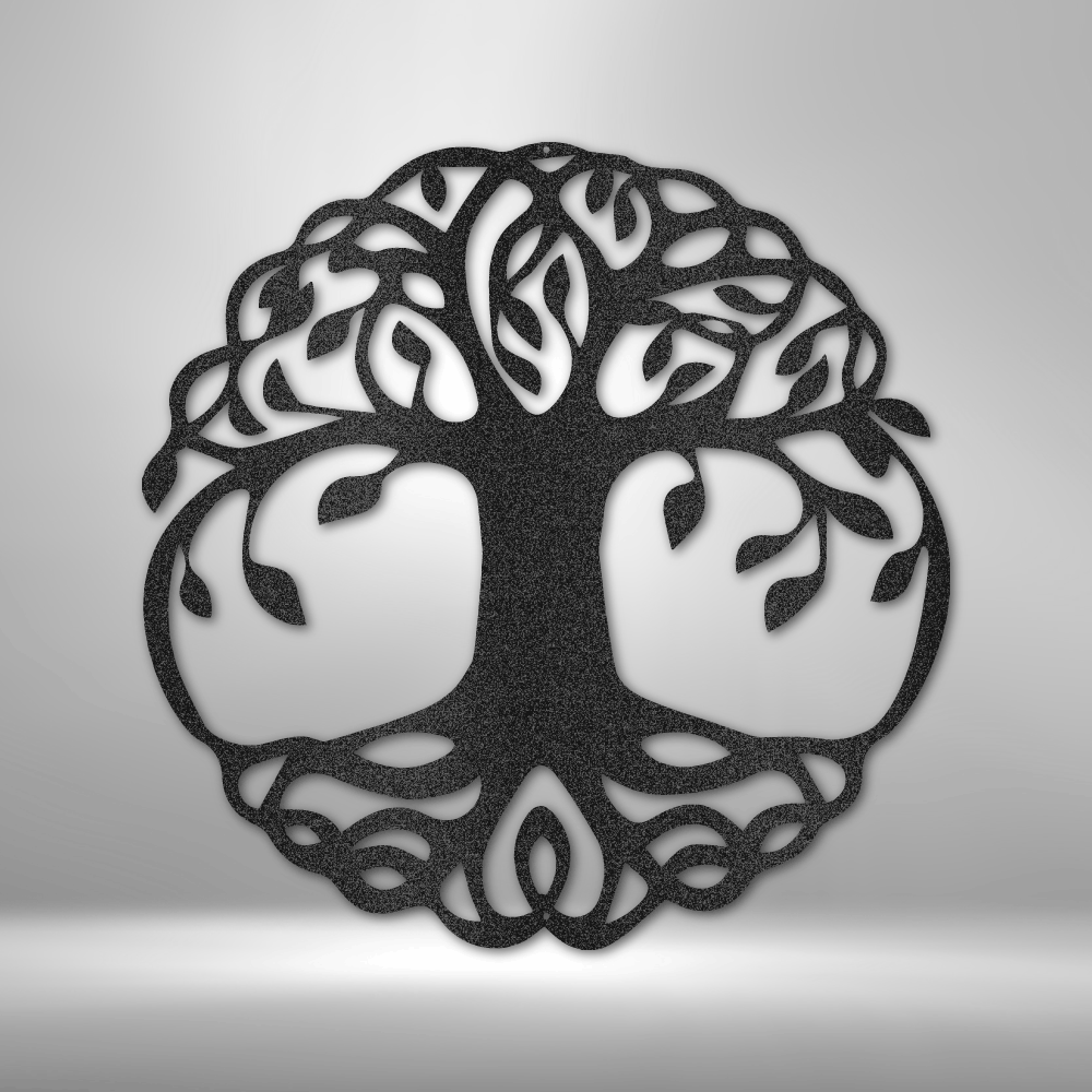 Metal Wall Art of a classic design tree of life hanging on a wall in black