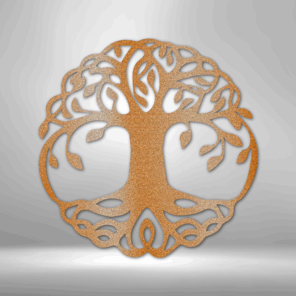 Metal Wall Art of a classic design tree of life hanging on a wall in copper