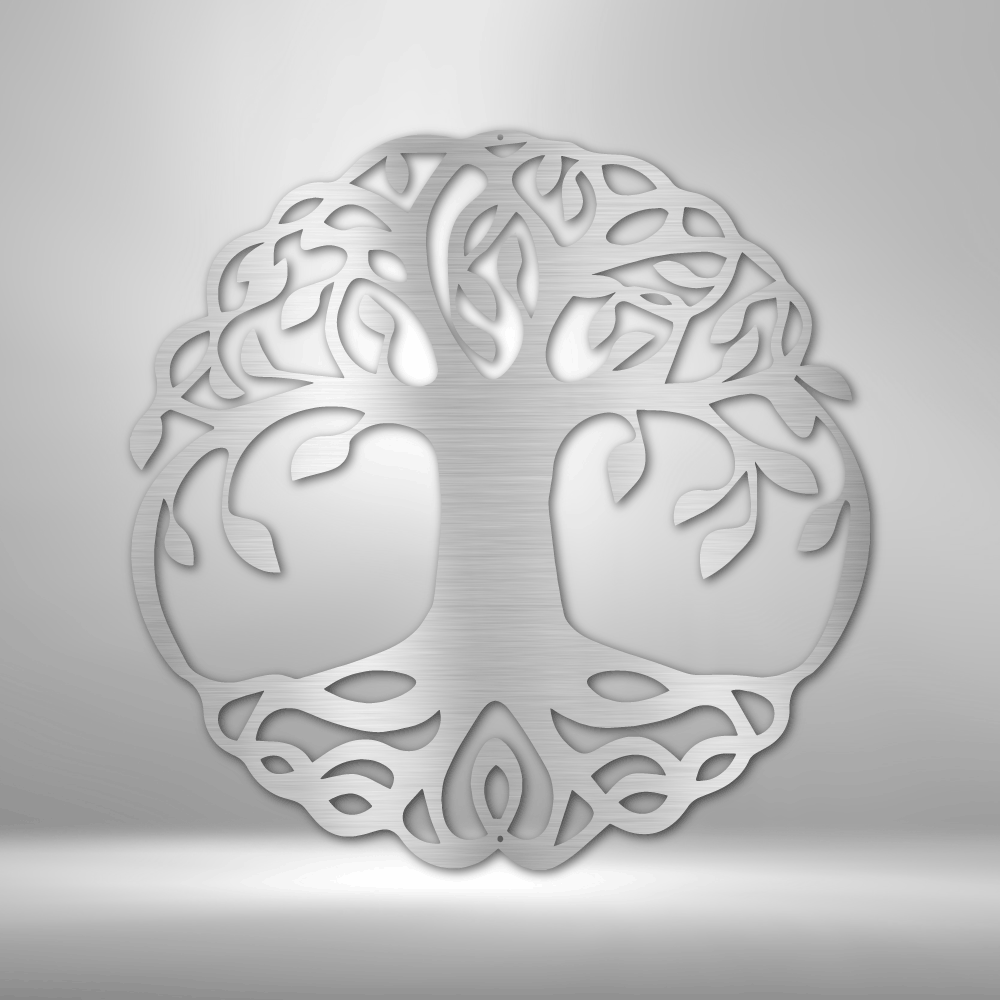 Metal Wall Art of a classic design tree of life hanging on a wall in silver