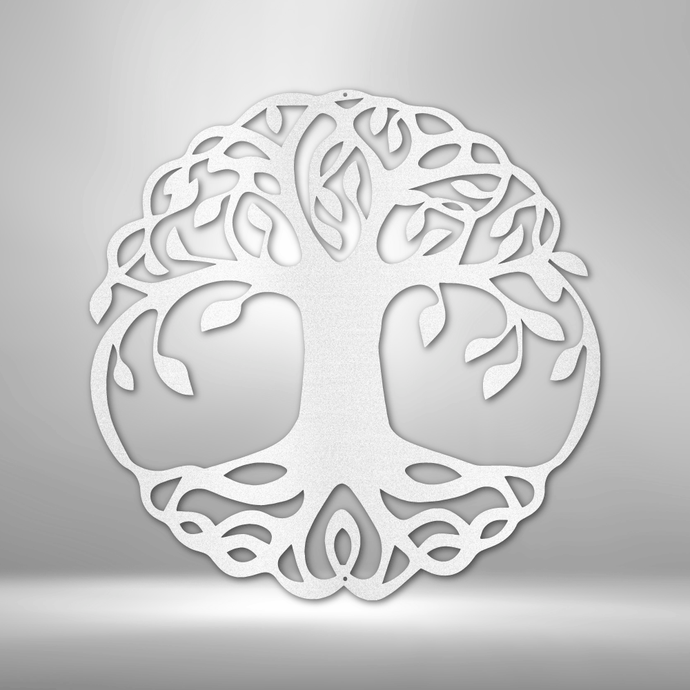 Metal Wall Art of a classic design tree of life hanging on a wall in white