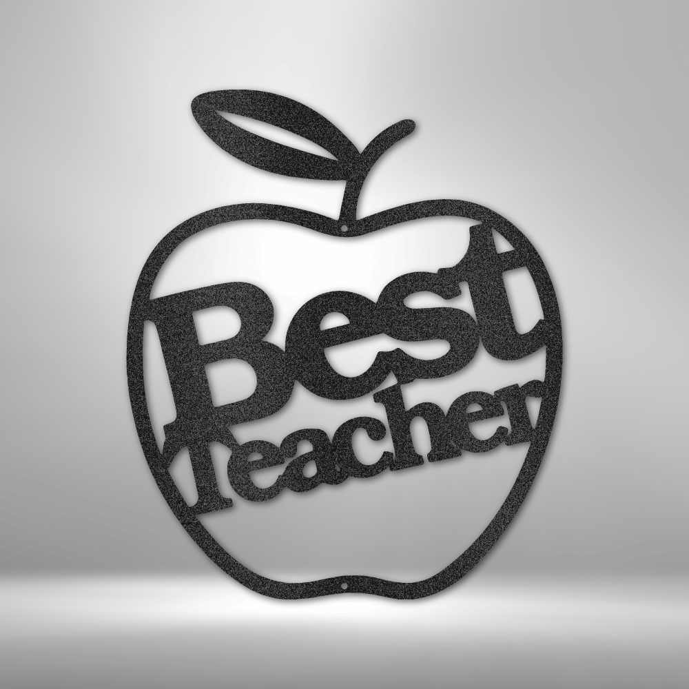Metal wall art sign of an apple with the message Best Teacher to gift this as a appreciation gift. This picture shows the design in the color black