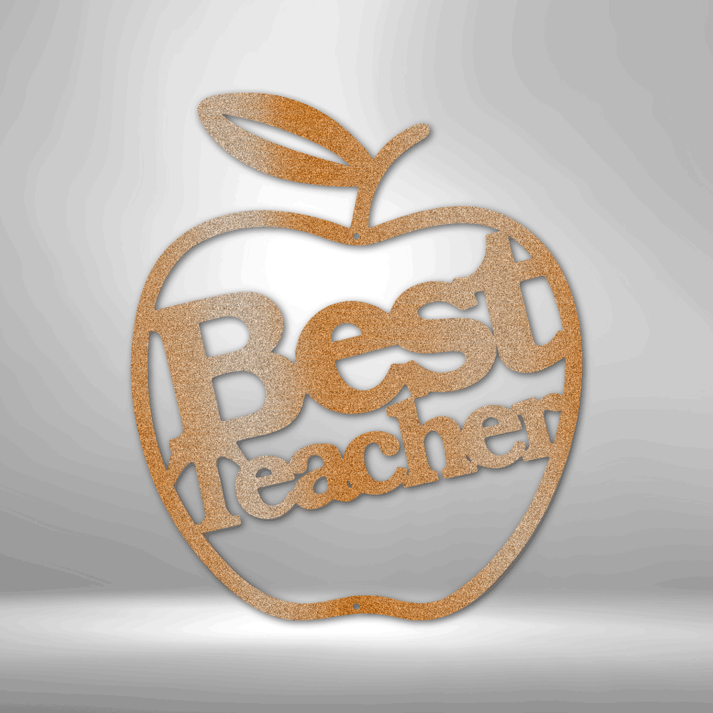 Metal wall art sign of an apple with the message Best Teacher to gift this as a appreciation gift. This picture shows the design in the color copper