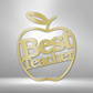 Metal wall art sign of an apple with the message Best Teacher to gift this as a appreciation gift. This picture shows the design in the color gold
