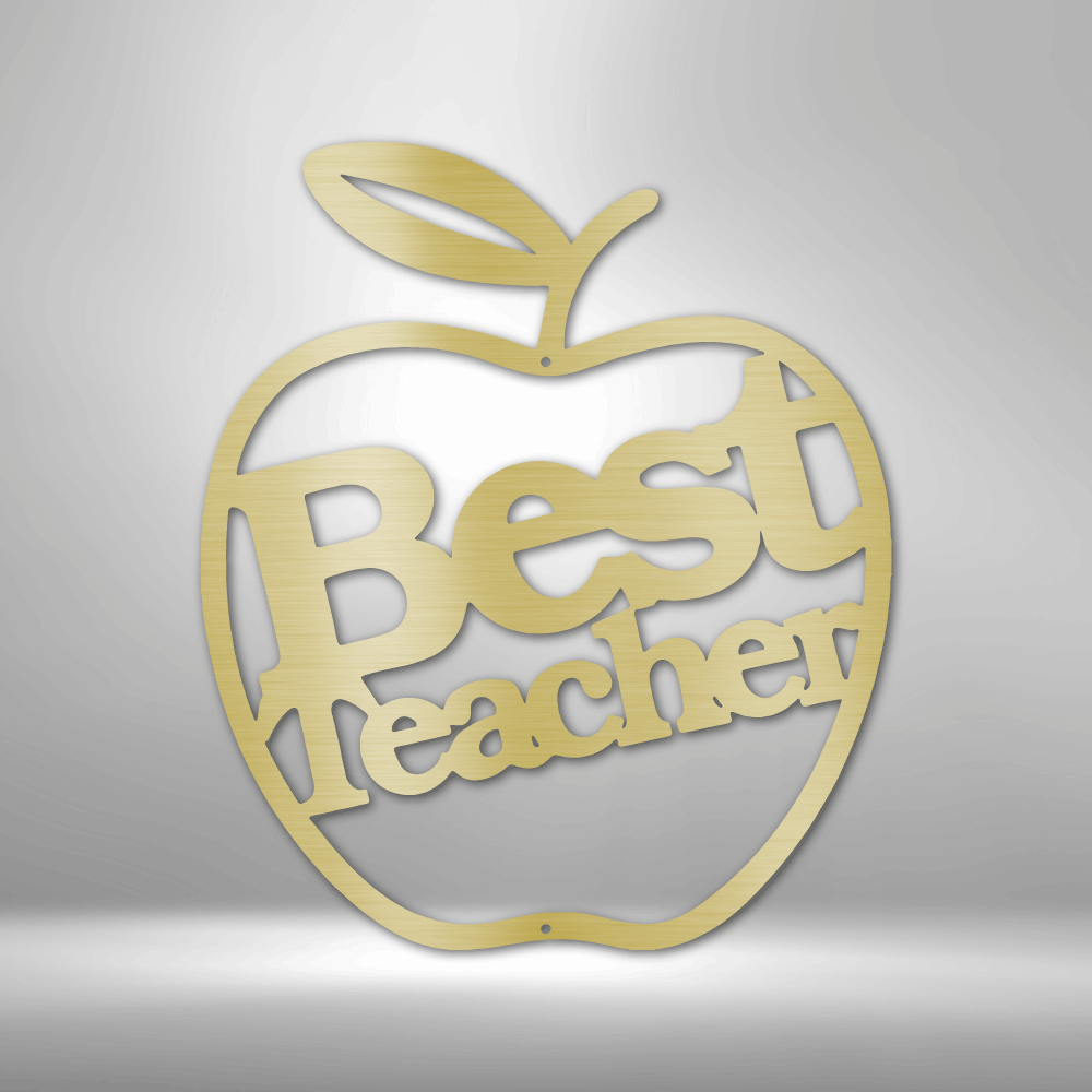 Metal wall art sign of an apple with the message Best Teacher to gift this as a appreciation gift. This picture shows the design in the color gold