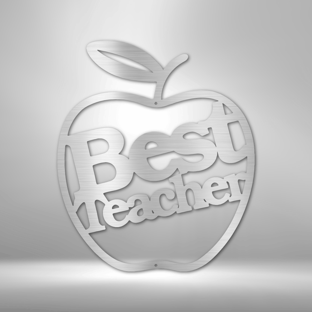 Metal wall art sign of an apple with the message Best Teacher to gift this as a appreciation gift. This picture shows the design in the color silver