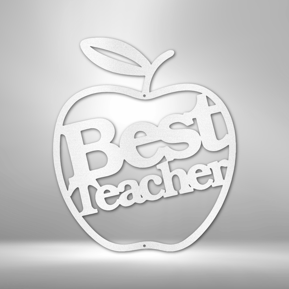 Metal wall art sign of an apple with the message Best Teacher to gift this as a appreciation gift. This picture shows the design in the color white