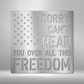 With the American Stars and the 'Sorry I can't hear you over all this freedom' text looking like stripes as its background, this metal wall art is sure to bring your room together. Hang it above a bed or on the wall near a fireplace or next to your favorite patriotic item. 
