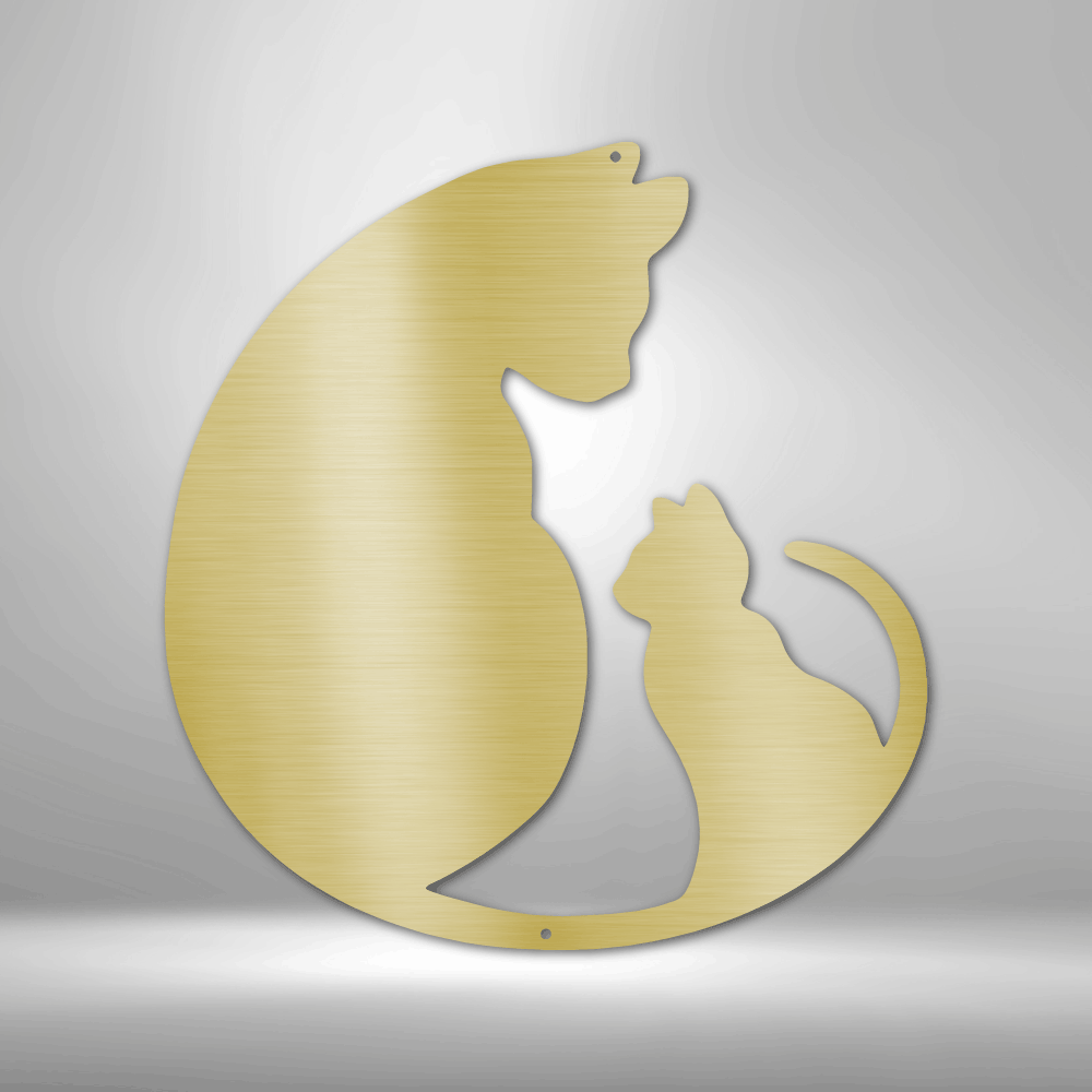 Metal wall art sign of a cat and her kitten in a loving pose, use this as a home decor piece. This picture shows the design in the color gold
