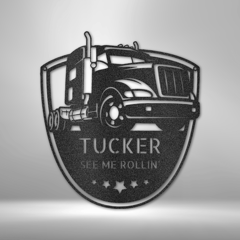 Metal Wall Art of a American Truck with two lines of custom text and 5 stars hanging on a wall