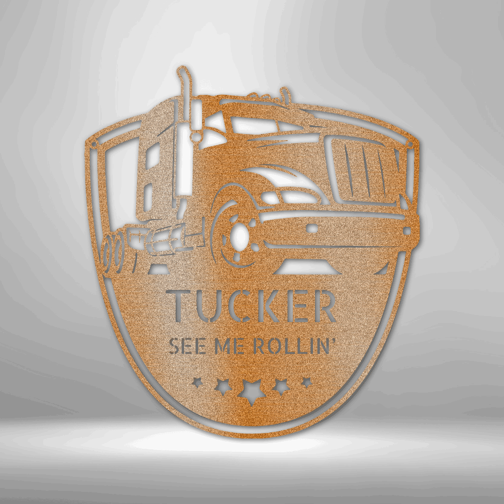 Metal Wall Art of a American Truck with two lines of custom text and 5 stars hanging on a wall in the color copper