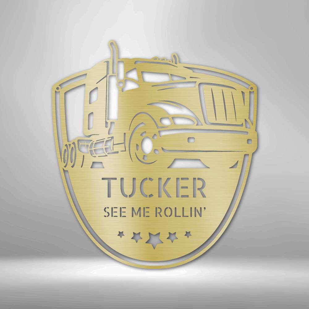Metal Wall Art of a American Truck with two lines of custom text and 5 stars hanging on a wall in the color gold