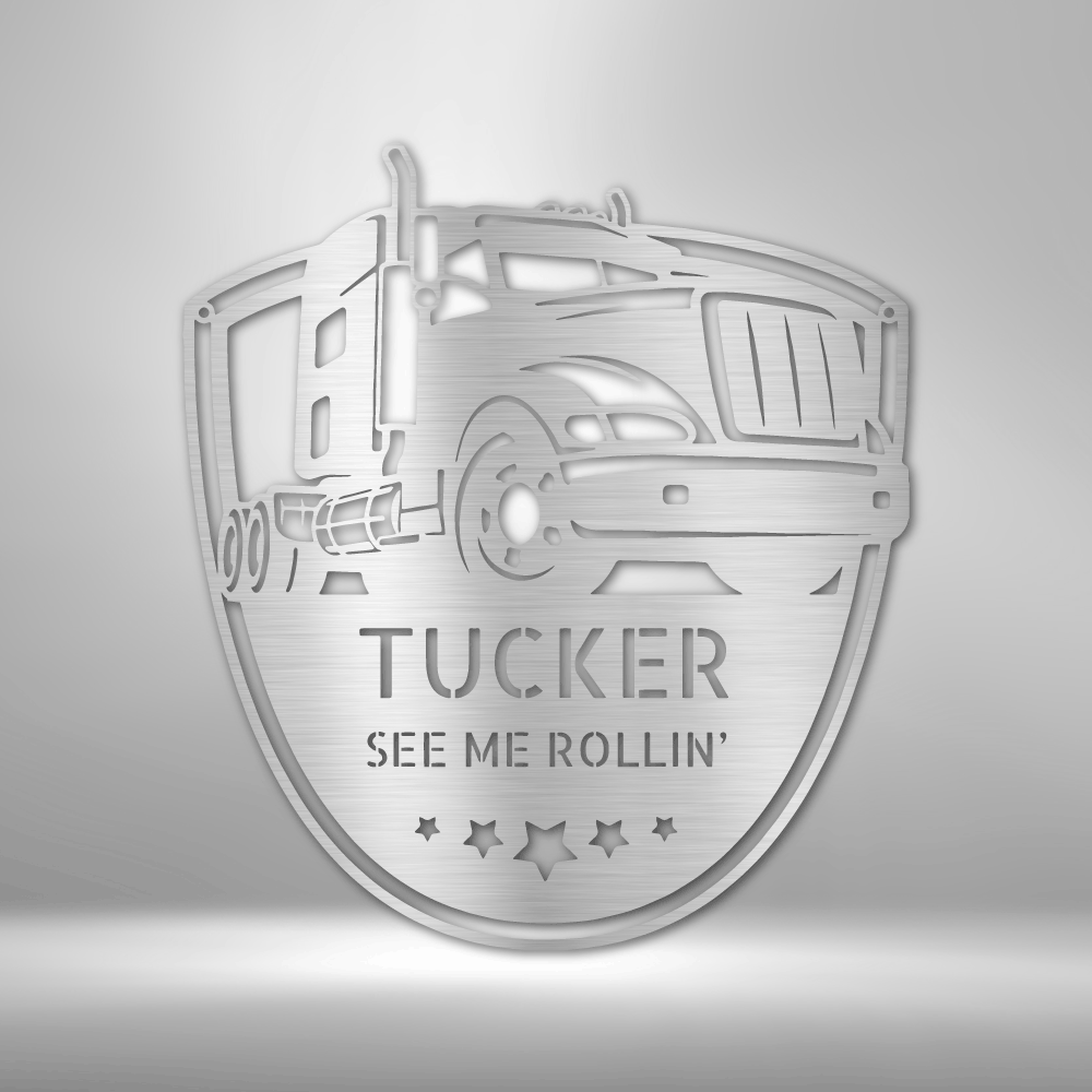 Metal Wall Art of a American Truck with two lines of custom text and 5 stars hanging on a wall in the color silver