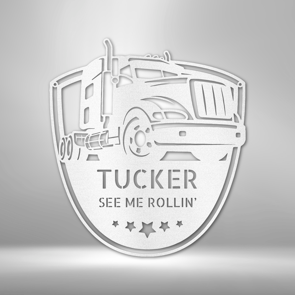Metal Wall Art of a American Truck with two lines of custom text and 5 stars hanging on a wall in the color white