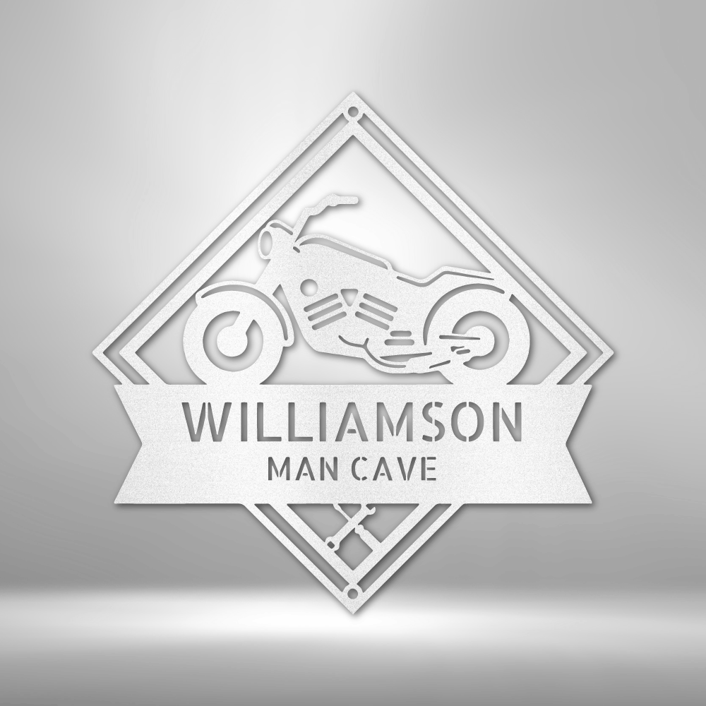 Metal wall art sign of a motorcycle with tools and a banner that you can personalize with your own name or text. This picture shows the design in the color white