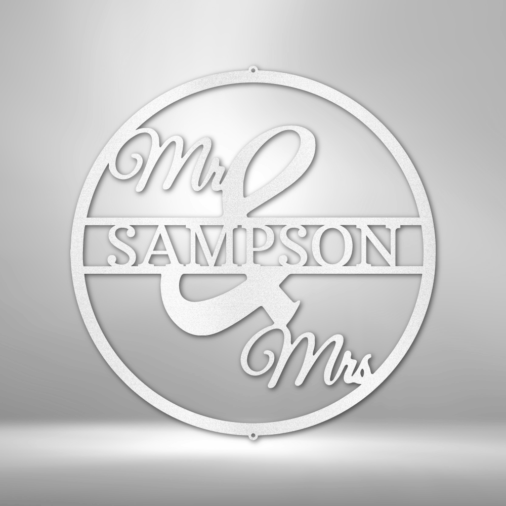 Metal Wall Art Sign hanging as home decor with the mr and mrs design. Add your last name to it as a personalization. This picture shows the design in the color white