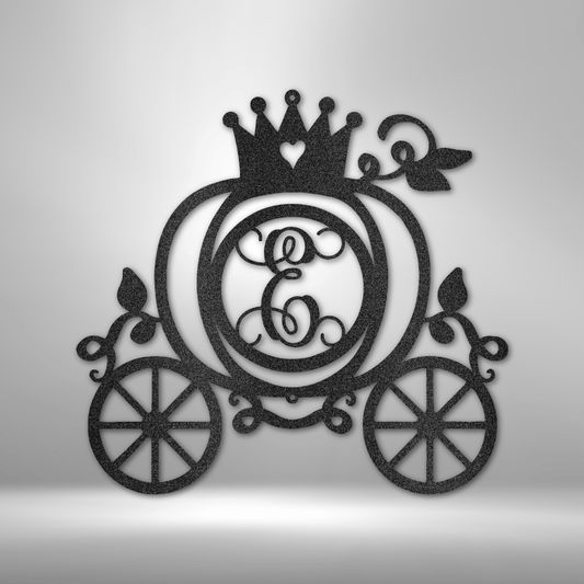metal wall art sign of a fairytale carriage with a custom letter or initial inside. This picture shows the design of this home decor piece in the color black