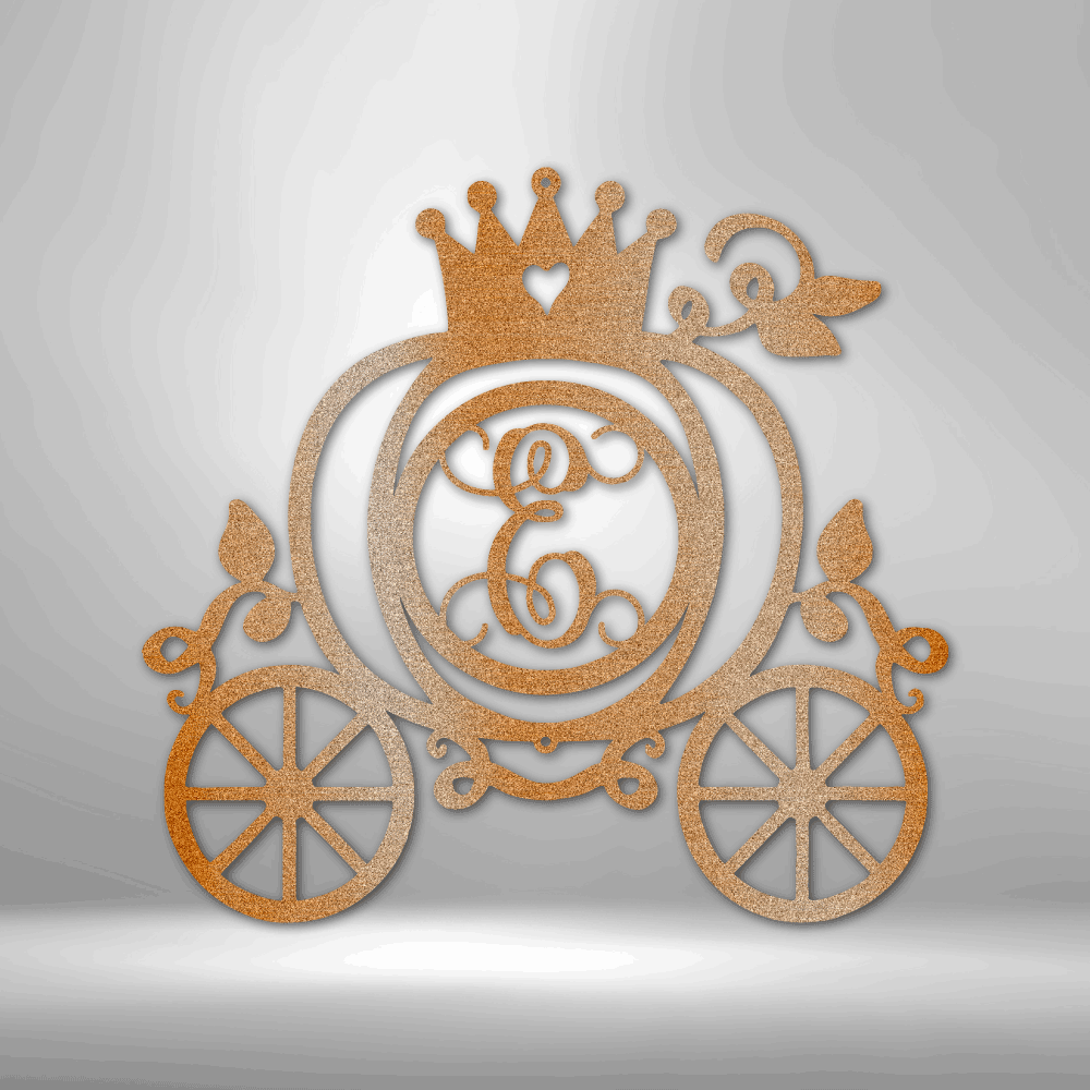 metal wall art sign of a fairytale carriage with a custom letter or initial inside. This picture shows the design of this home decor piece in the color copper