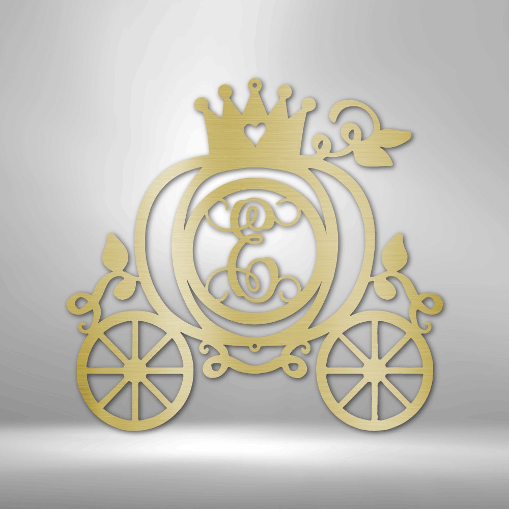 metal wall art sign of a fairytale carriage with a custom letter or initial inside. This picture shows the design of this home decor piece in the color gold