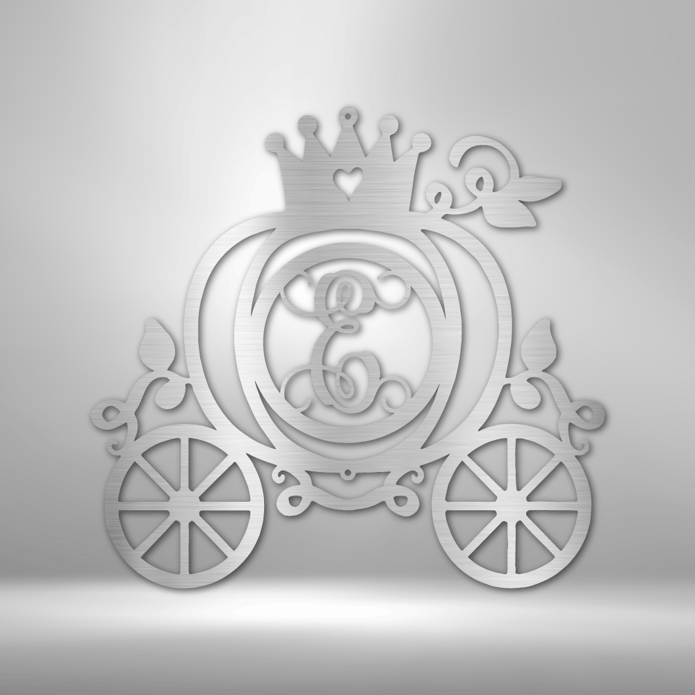 metal wall art sign of a fairytale carriage with a custom letter or initial inside. This picture shows the design of this home decor piece in the color silver