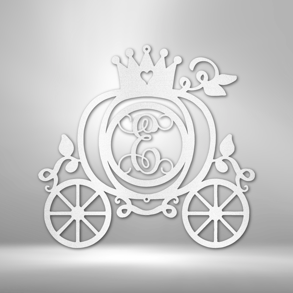 metal wall art sign of a fairytale carriage with a custom letter or initial inside. This picture shows the design of this home decor piece in the color white