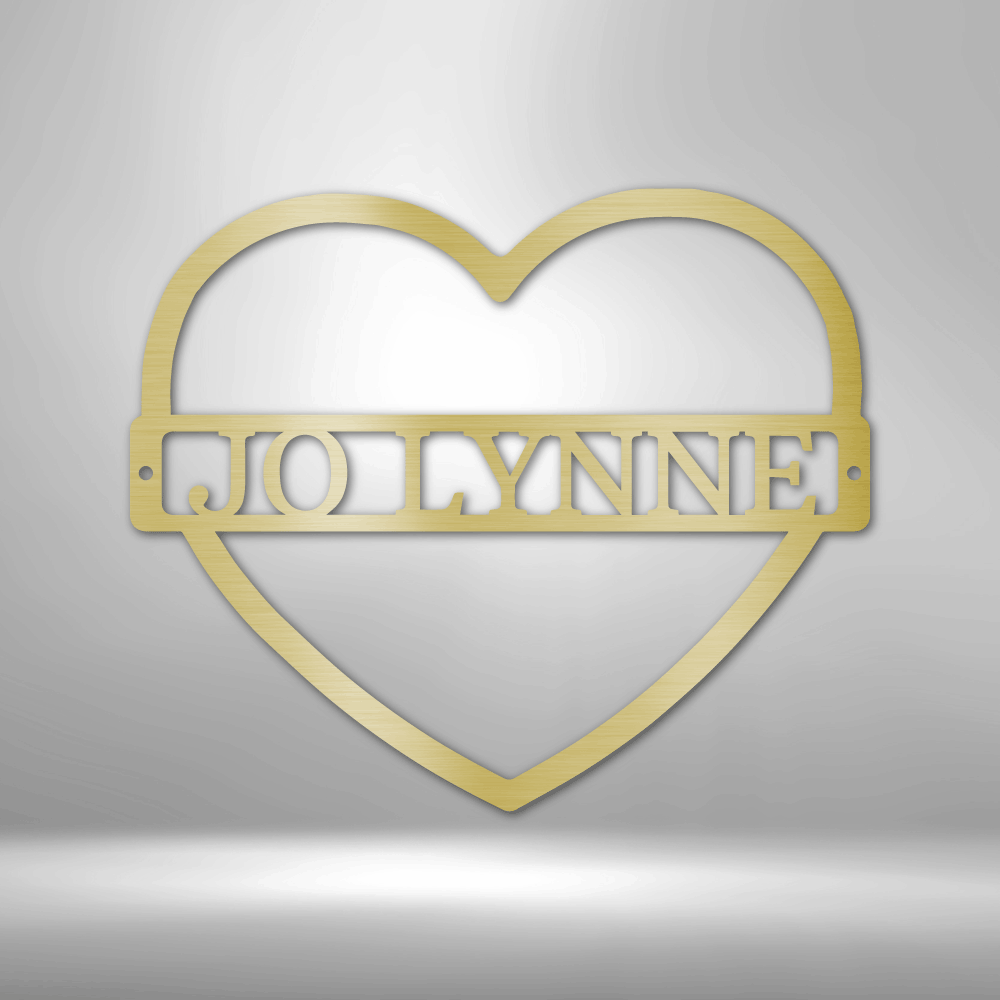 Metal Wall Art Sign in a heart shape with a custom name or text inside of it. Minimalism design. Hanging on the wall in the color gold