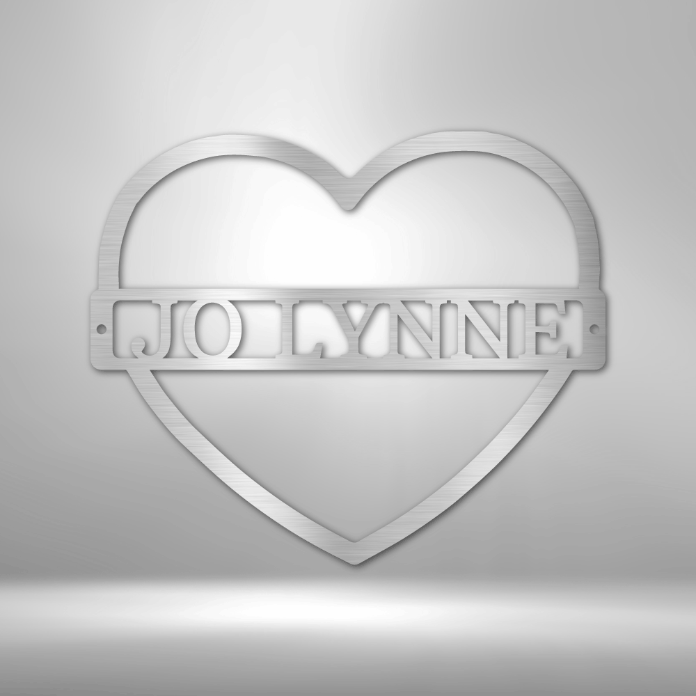 Metal Wall Art Sign in a heart shape with a custom name or text inside of it. Minimalism design. Hanging on the wall in the color silver