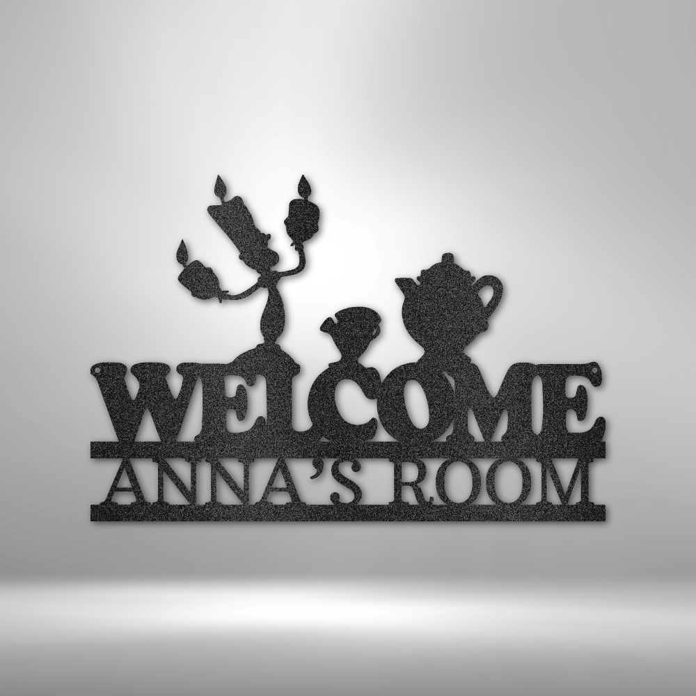 Metal wall art sign featuring the Beauty and the Beast candle (Lumiere), teapot (Mrs. Potts) and teacup (Chip Potts) as children's room decor. Personalize this with a kids name. This picture show the design in the color black