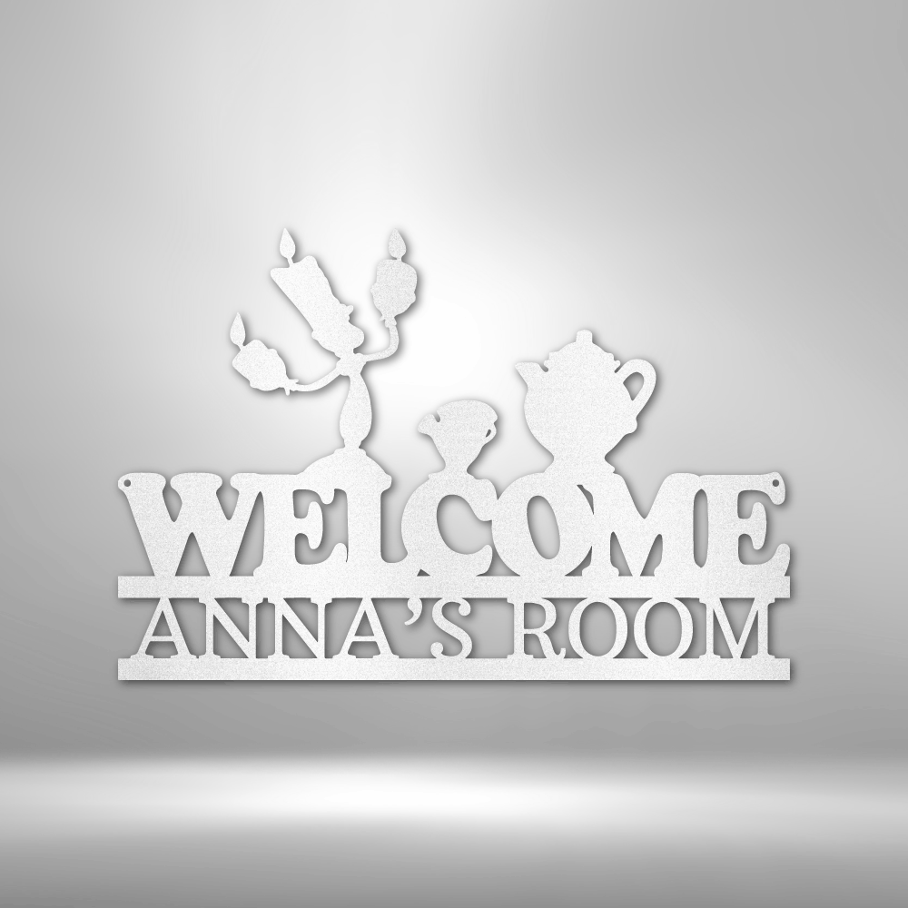 Metal wall art sign featuring the Beauty and the Beast candle (Lumiere), teapot (Mrs. Potts) and teacup (Chip Potts) as children's room decor. Personalize this with a kids name. This picture show the design in the color white
