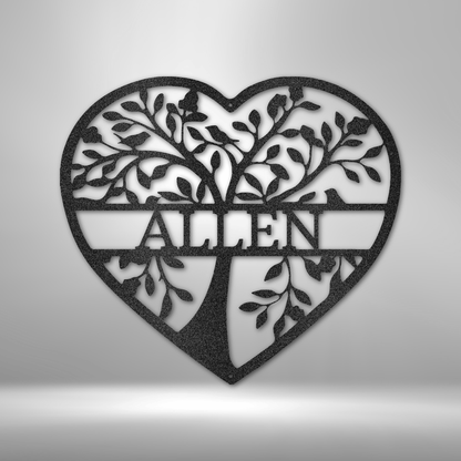 Metal wall art sign of a tree of life that you can personalize with your family name. This picture shows the design in the color black
