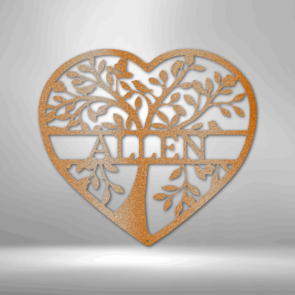 Metal wall art sign of a tree of life that you can personalize with your family name. This picture shows the design in the color copper