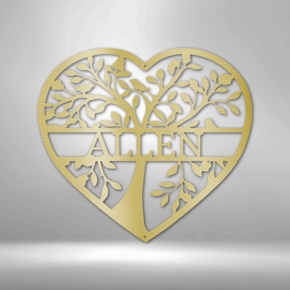 Metal wall art sign of a tree of life that you can personalize with your family name. This picture shows the design in the color gold