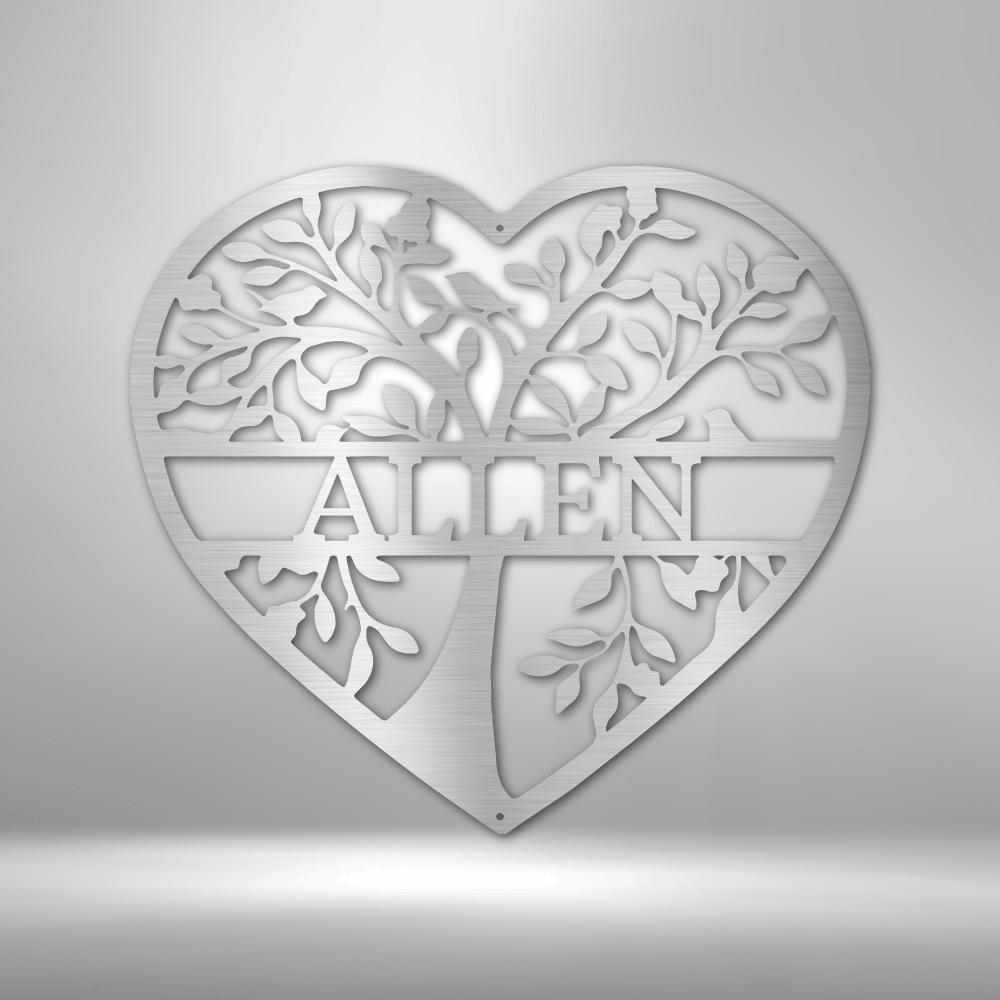 Metal wall art sign of a tree of life that you can personalize with your family name. This picture shows the design in the color silver
