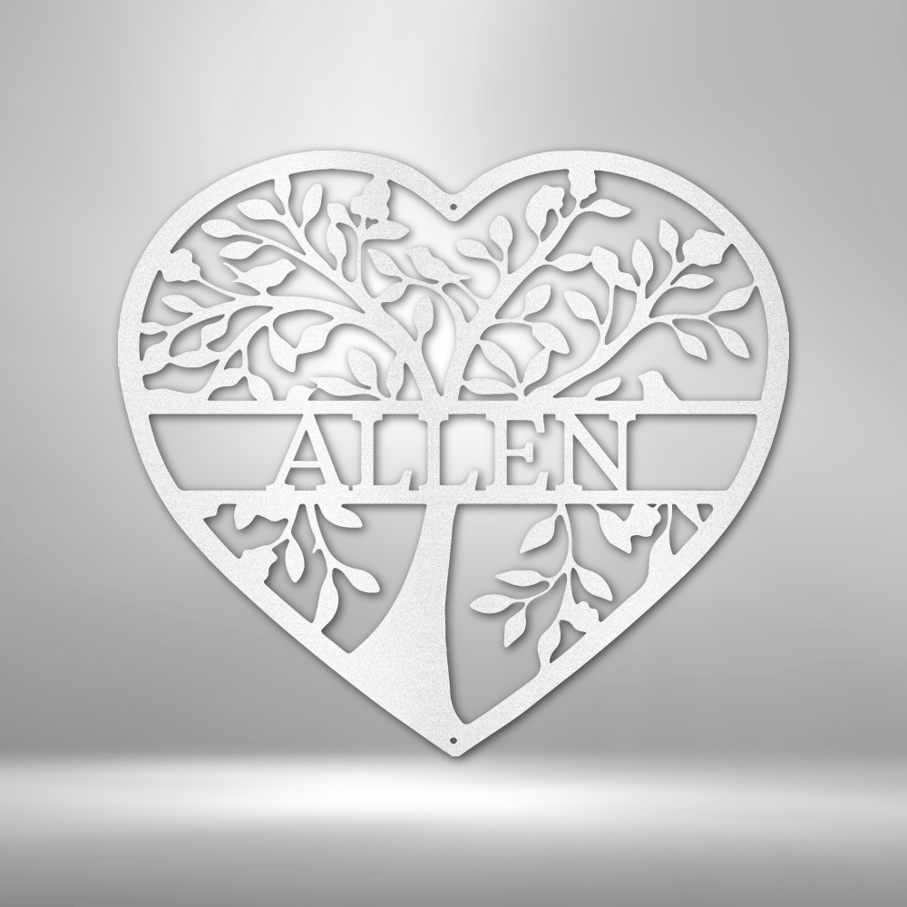 Metal wall art sign of a tree of life that you can personalize with your family name. This picture shows the design in the color white