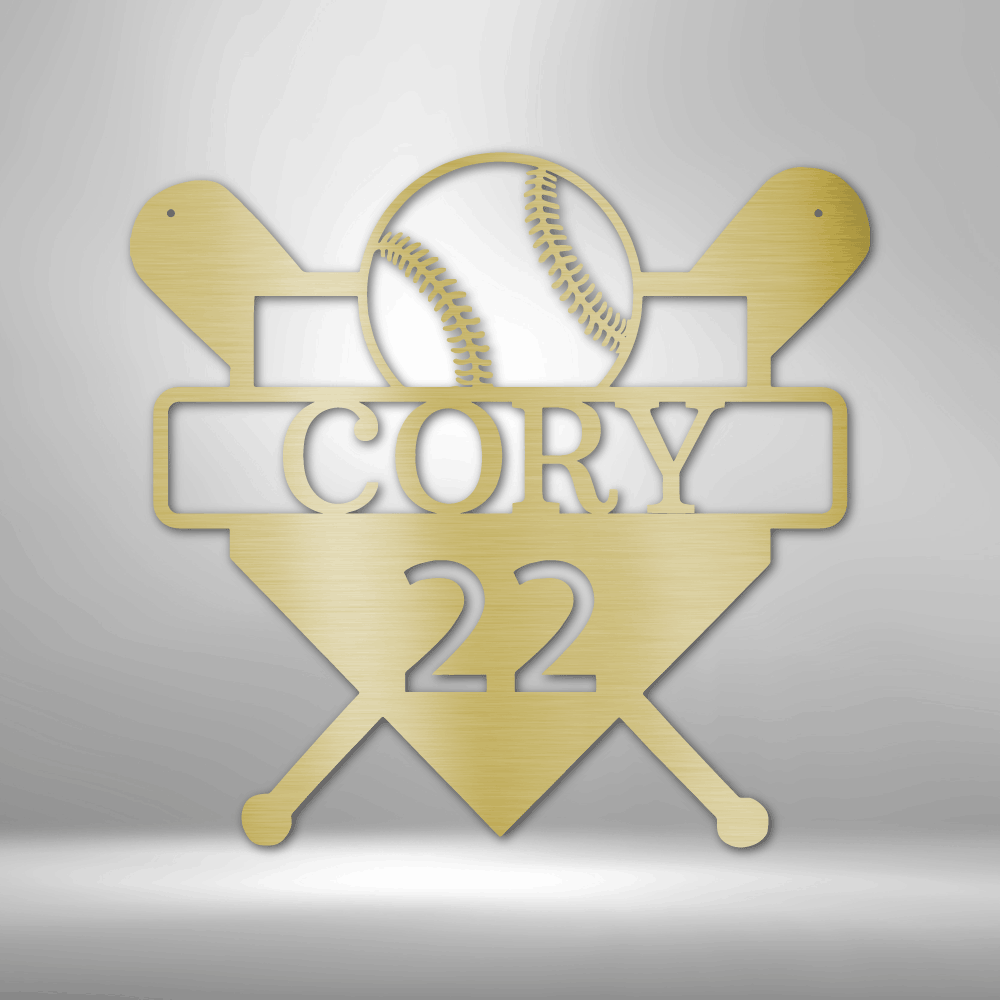 Personalized Metal wall art sign with a baseball sport theme. Hang this art of baseball bats, home plate and ball on the wall of your bedroom or man cave. This picture shows the design in the color gold