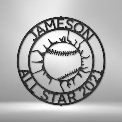 Metal Wall Art Sign with a sport theme. It shows the baseball ball that cracked the wall with an outer ring that your can personalize with your own names, date or any custom text. This picture shows the baseball design in the color black
