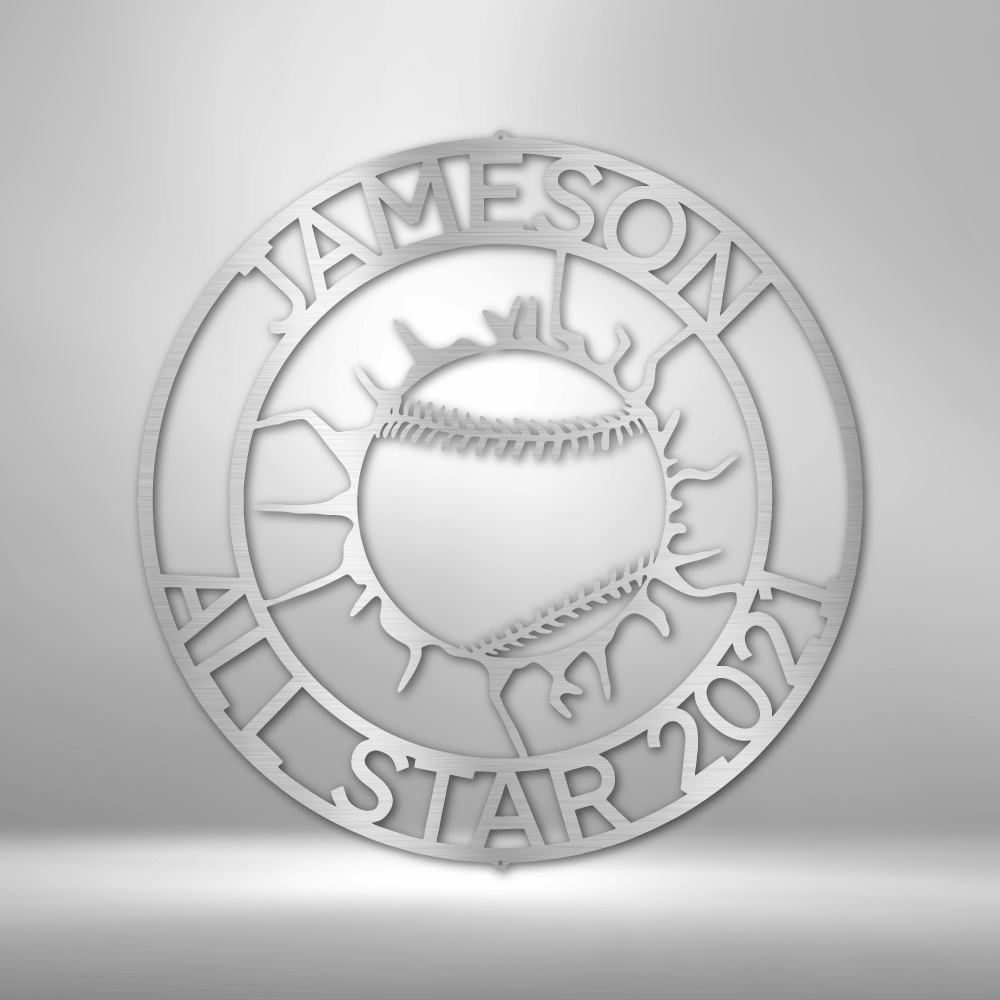Metal Wall Art Sign with a sport theme. It shows the baseball ball that cracked the wall with an outer ring that your can personalize with your own names, date or any custom text. This picture shows the baseball design in the color silver