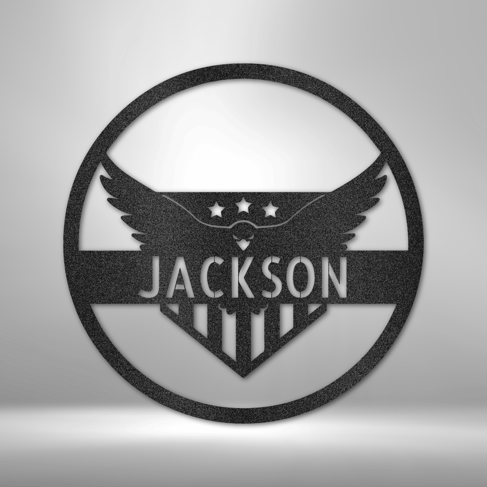 Metal wall art sign as home decor featuring a american bald eagle with the american flag inside a circle. Personalize this design with your own name or text. Hang it on the wall. Available in the color black