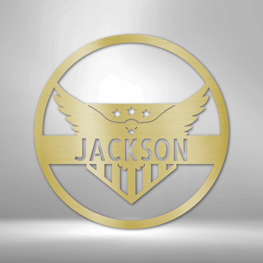 Metal wall art sign as home decor featuring a american bald eagle with the american flag inside a circle. Personalize this design with your own name or text. Hang it on the wall. Available in the color gold
