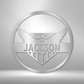 Metal wall art sign as home decor featuring a american bald eagle with the american flag inside a circle. Personalize this design with your own name or text. Hang it on the wall. Available in the color silver